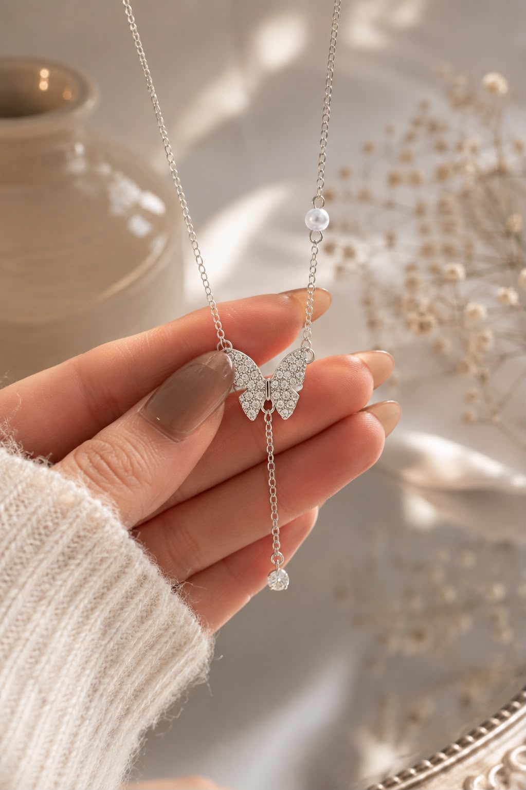 Silver Butterfly Crystal Y-Necklace