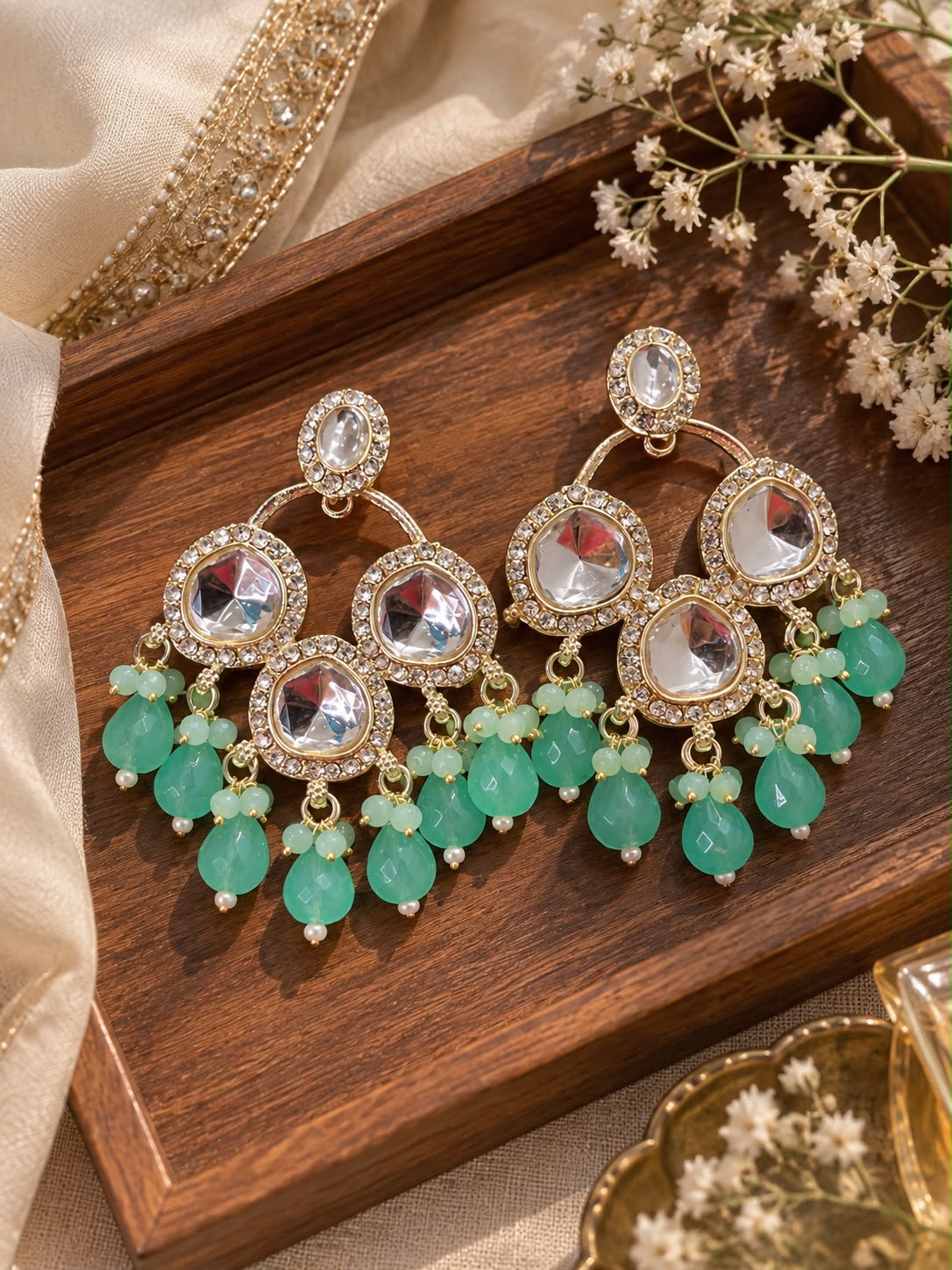 Mint Green Kundan Statement Chandbali Earrings