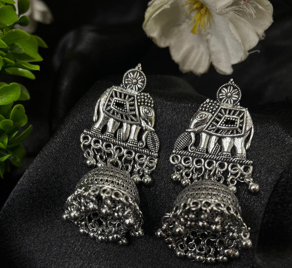 Silver Elephant Design Oxidised Earrings