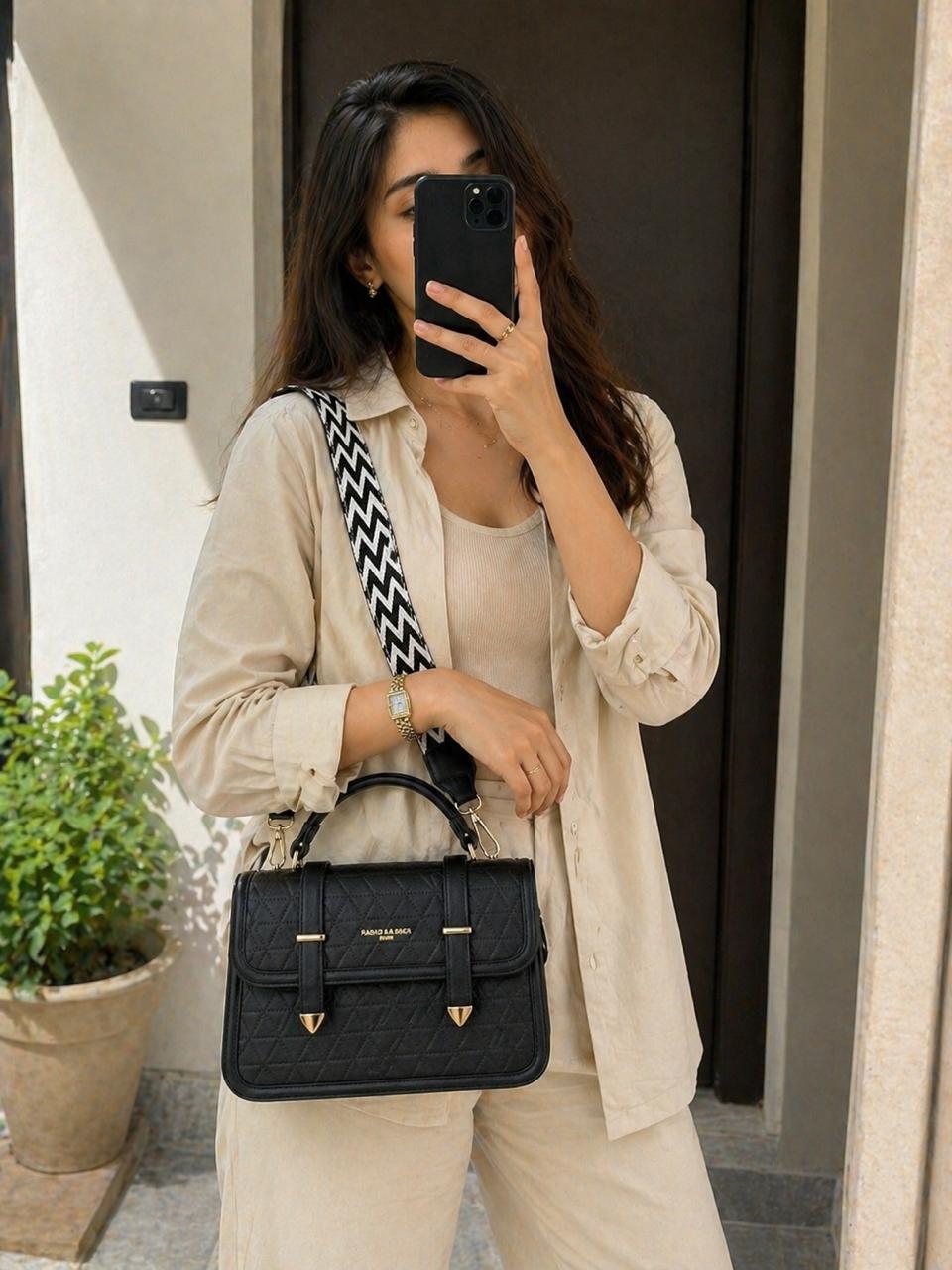 Elegant Black Textured Top Handle Satchel Bag with Printed Twilly Scarf