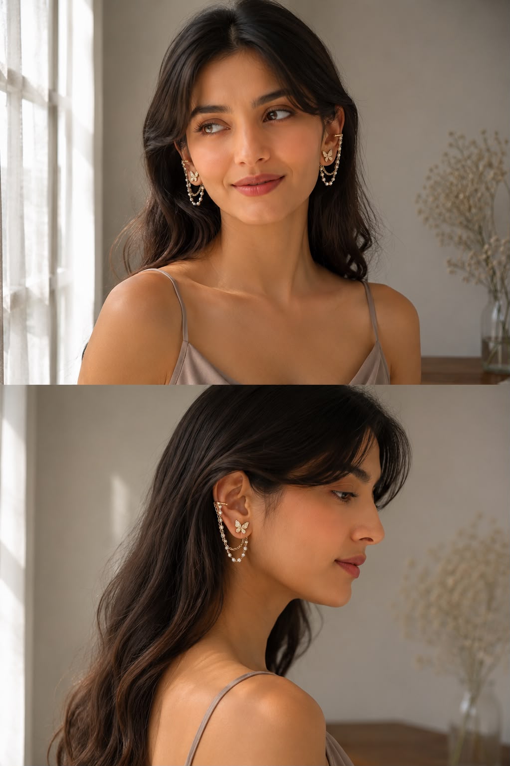 Butterfly Pearl Chain Ear Cuff and Stud Earrings