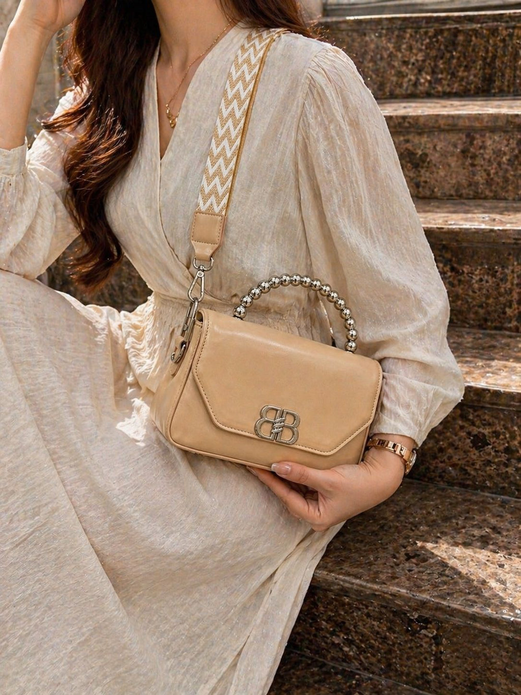 Women's Beige Beaded Handle Crossbody Sling Bag with Adjustable Strap