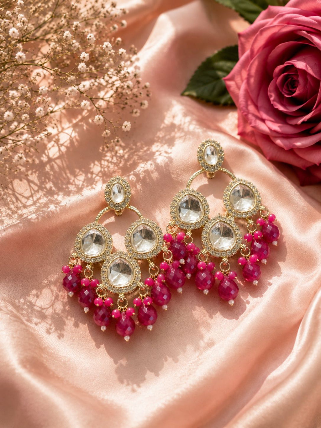 Fuchsia Kundan Statement Chandelier Earrings