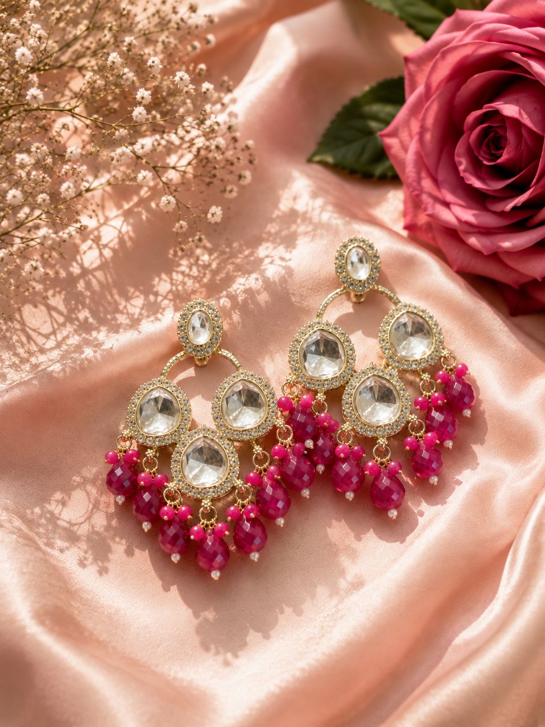 Fuchsia Kundan Statement Chandelier Earrings
