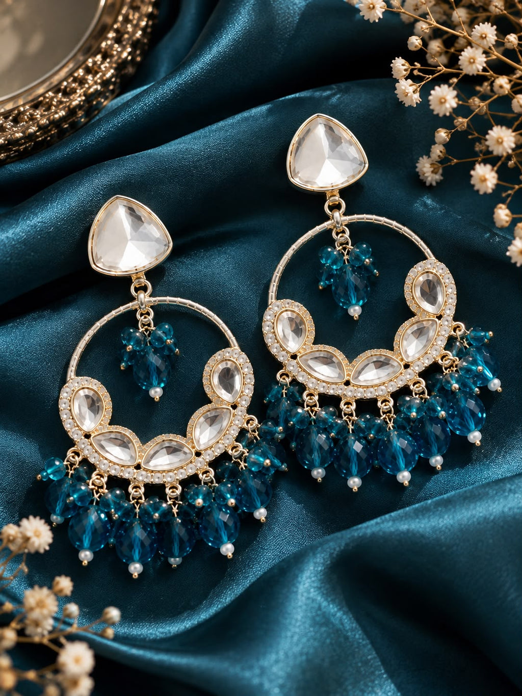 Teal Kundan Crystal Statement Chandbali Earrings