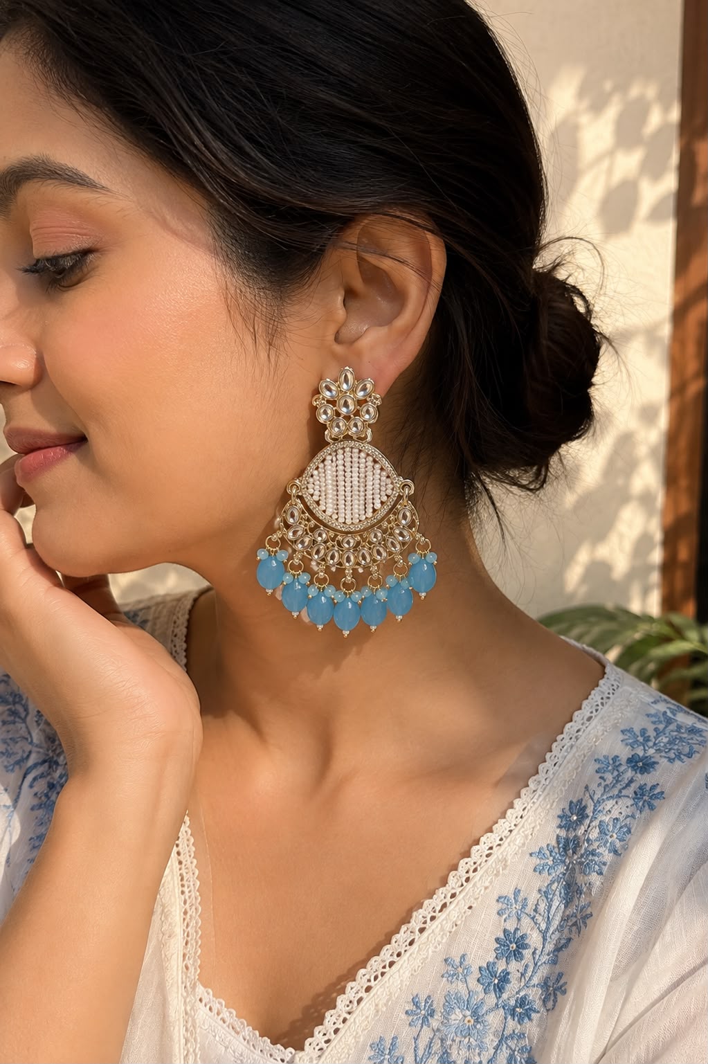 Kundan Blue Pearl Chandbali Earrings