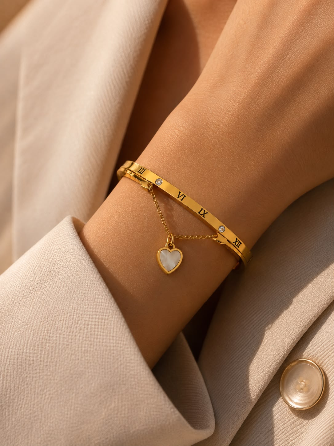 Roman Numeral Heart Charm Gold Cuff Bracelet