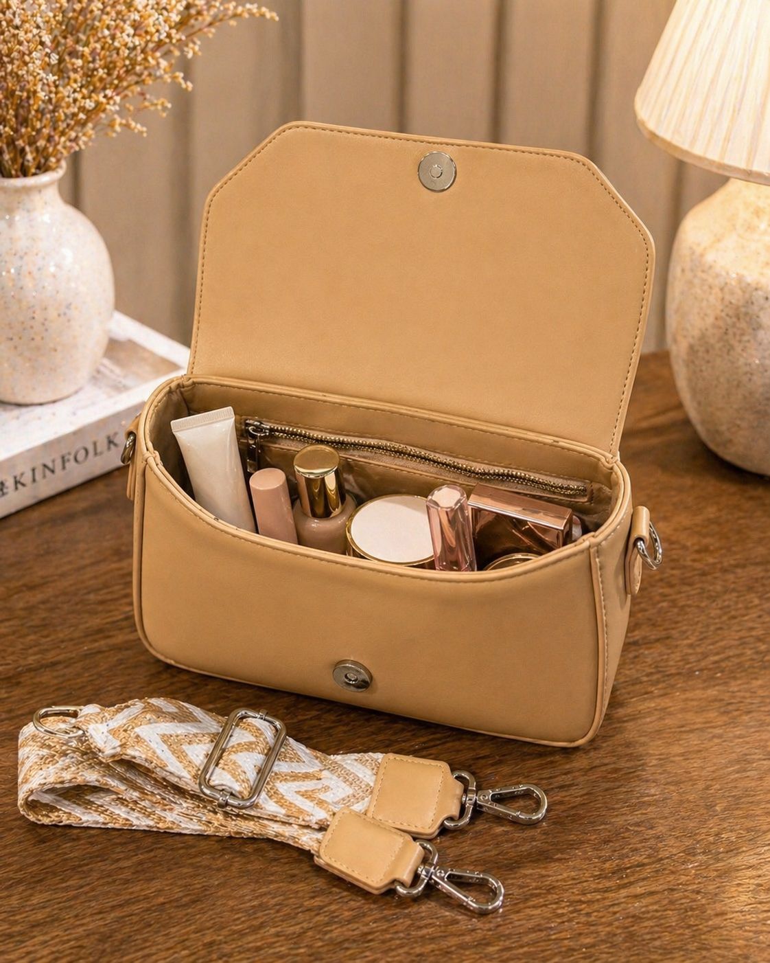 Women's Beige Beaded Handle Crossbody Sling Bag with Adjustable Strap