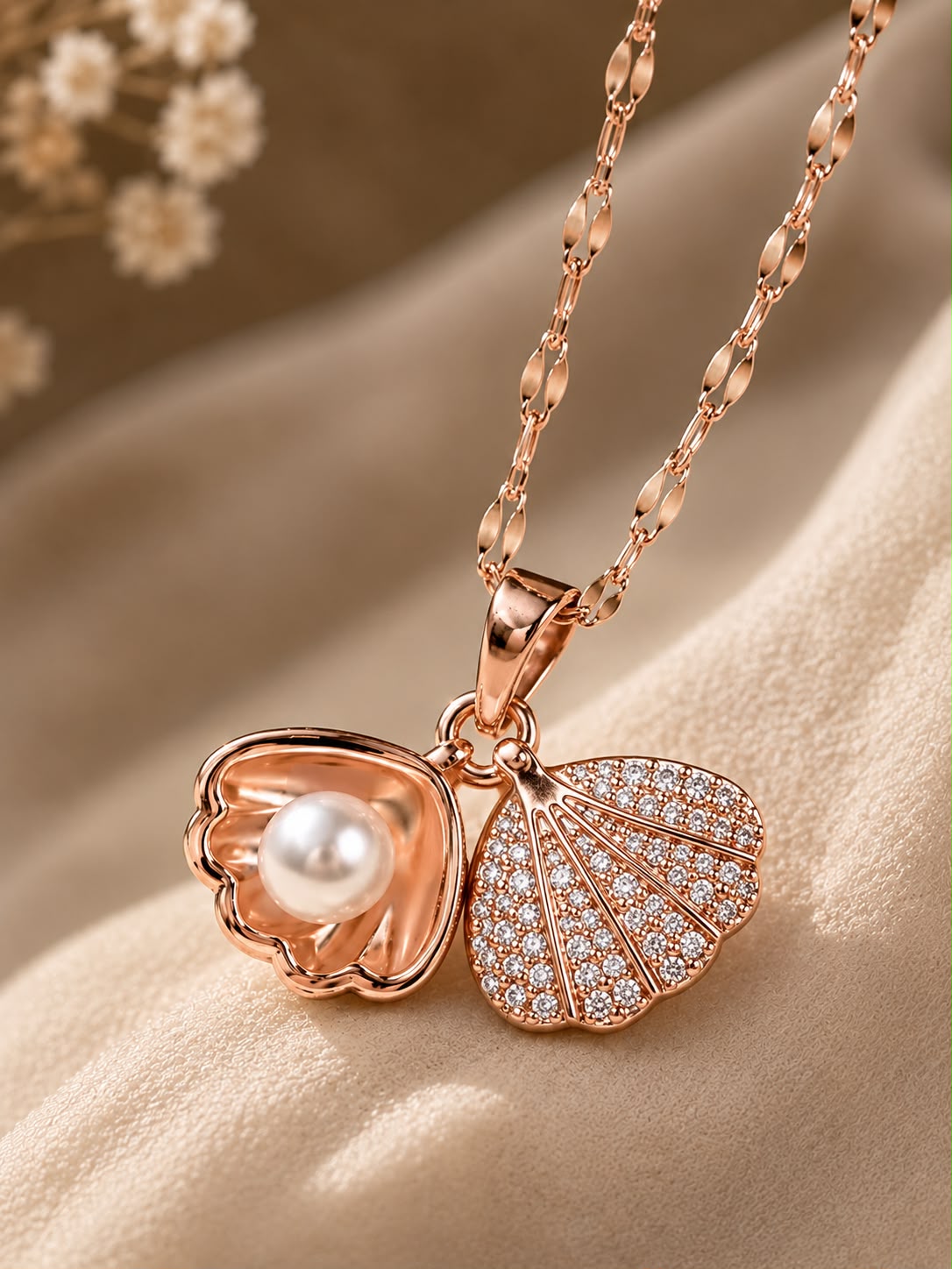 Rose Gold Shell & Pearl CZ Pendant Necklace