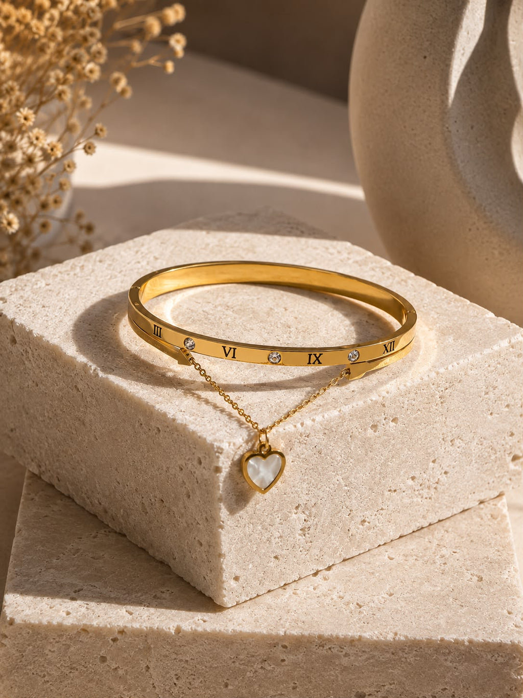 Roman Numeral Heart Charm Gold Cuff Bracelet