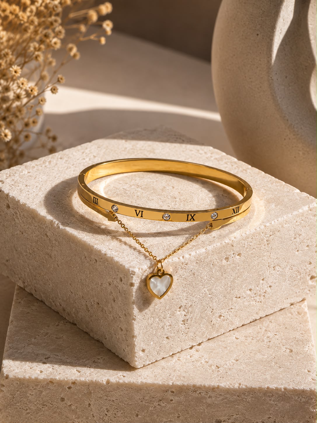 Roman Numeral Heart Charm Gold Cuff Bracelet