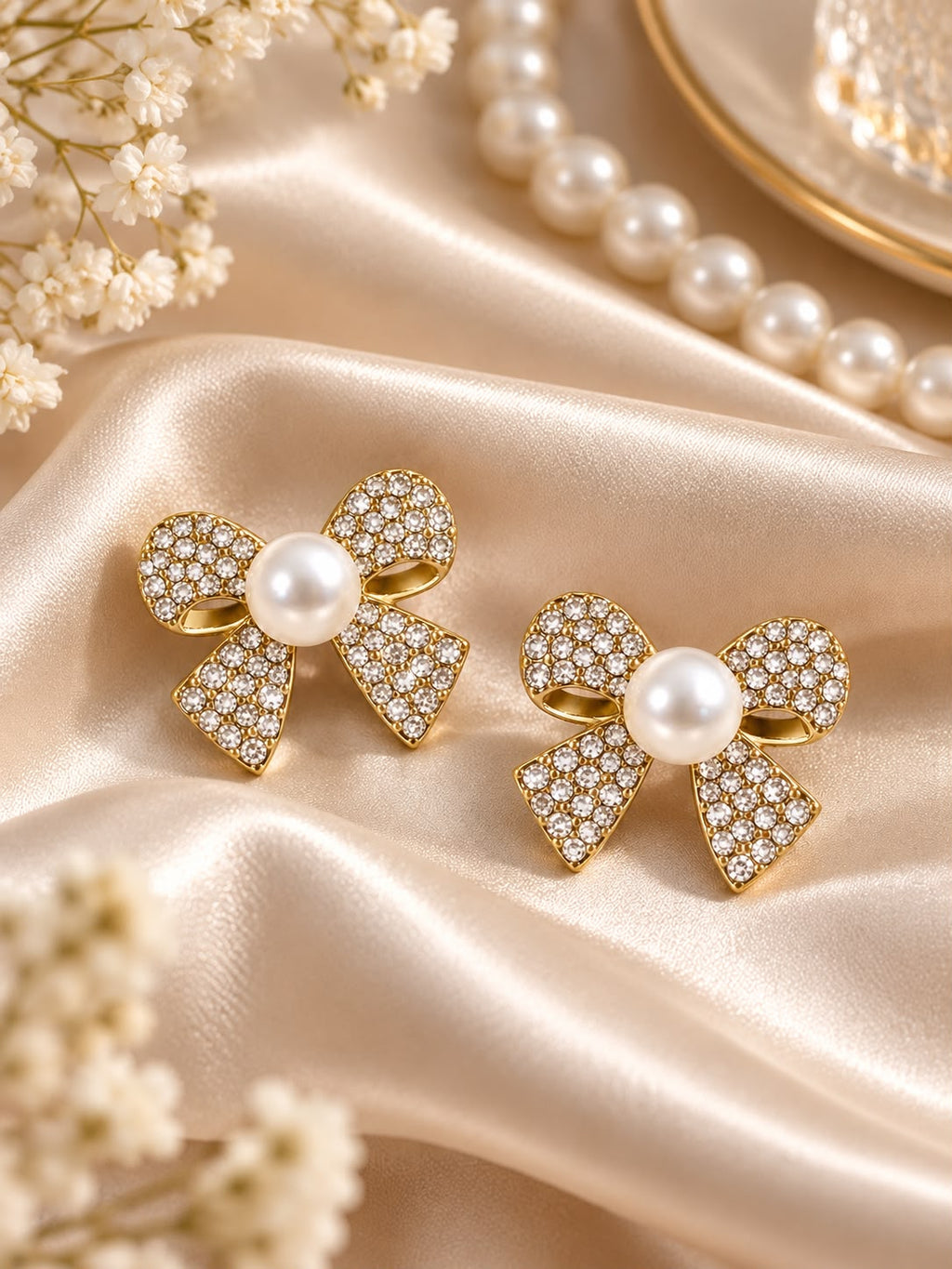 Crystal Pearl Bow Earrings | Gold-Tone Coquette Statement Studs
