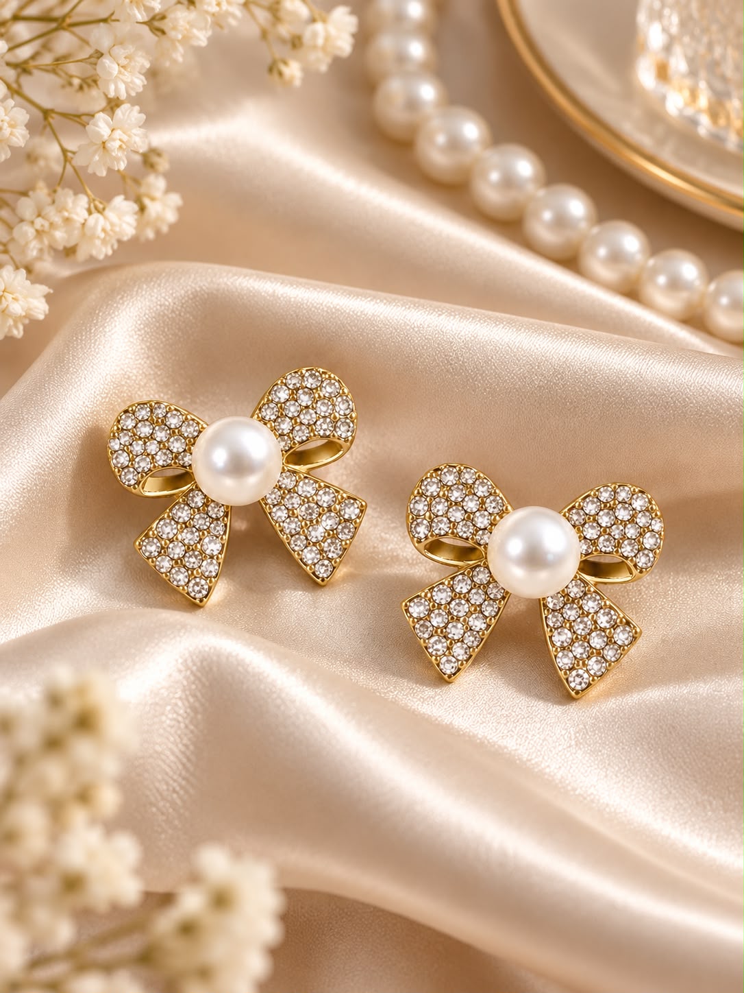 Crystal Pearl Bow Earrings | Gold-Tone Coquette Statement Studs