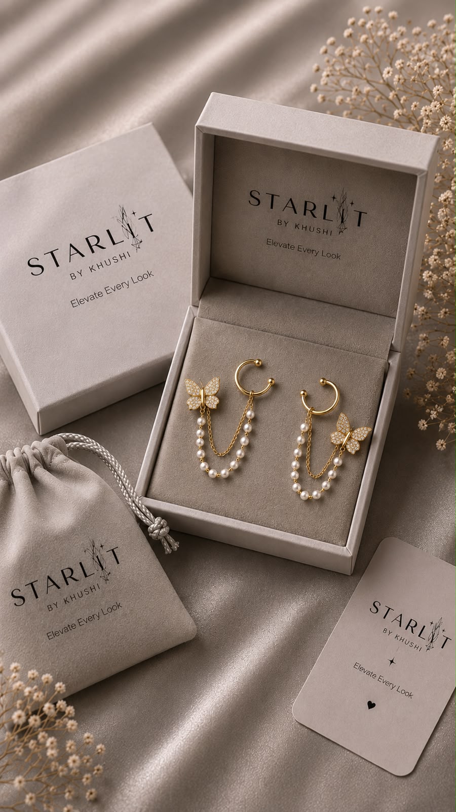 Butterfly Pearl Chain Ear Cuff and Stud Earrings