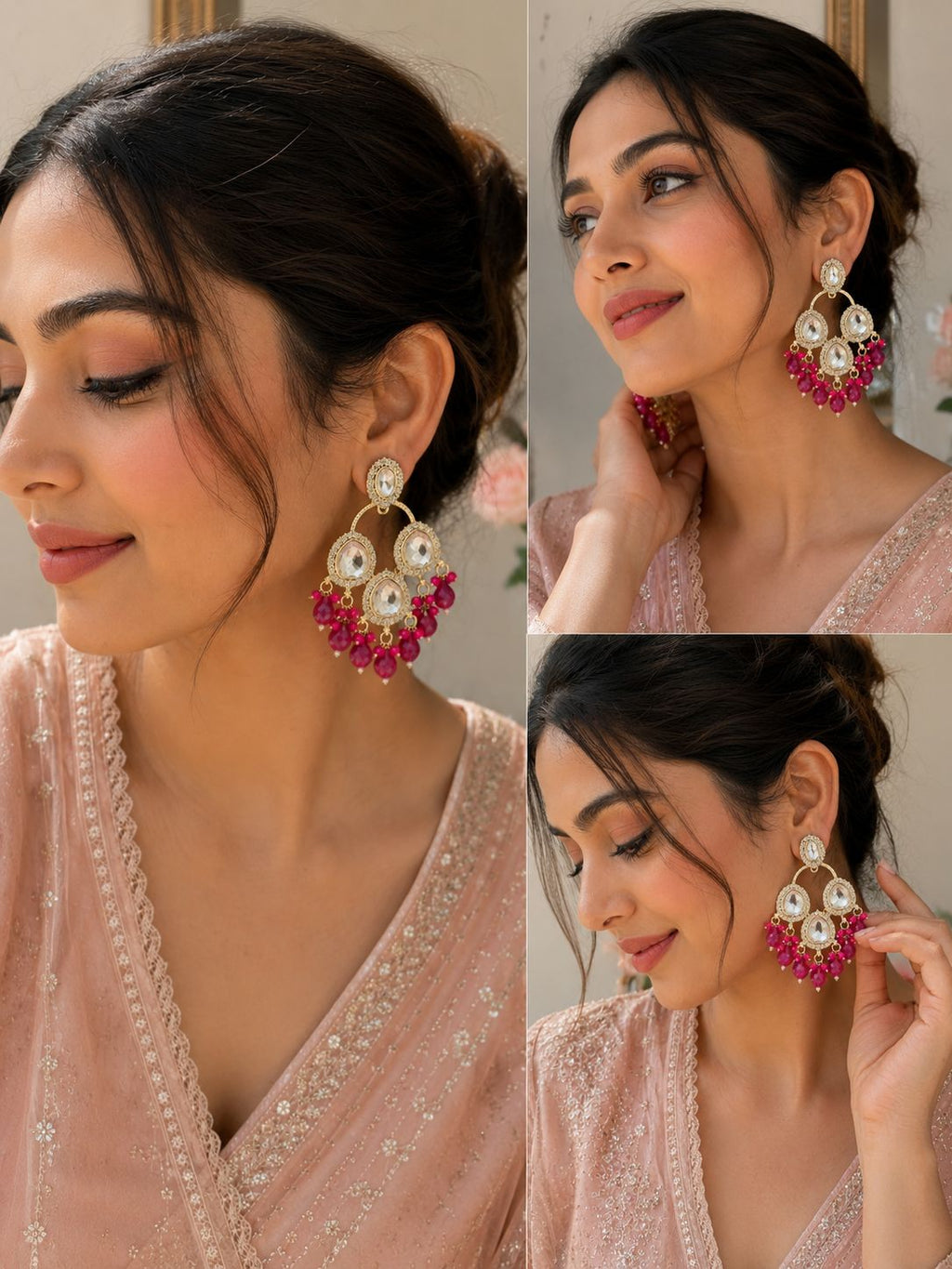 Fuchsia Kundan Statement Chandelier Earrings
