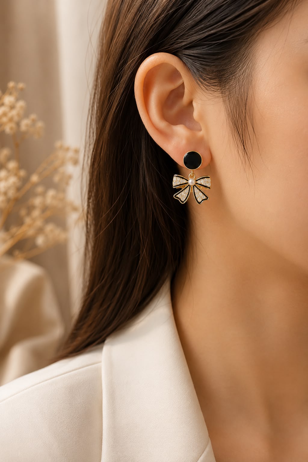 Luna Noir Bow Pearl Drop Earrings