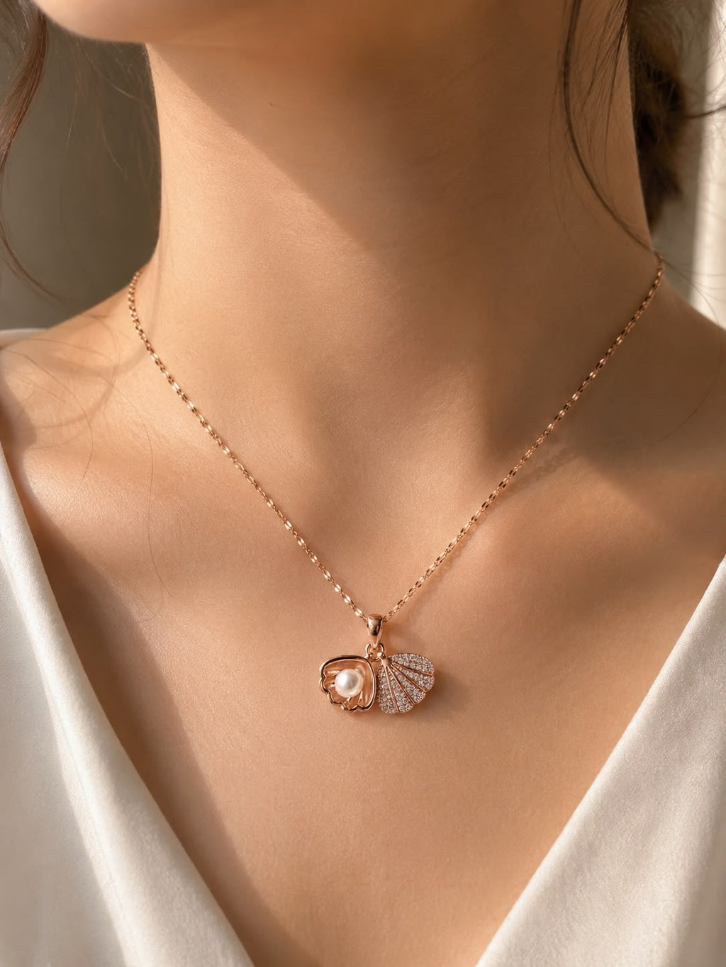 Rose Gold Shell & Pearl CZ Pendant Necklace