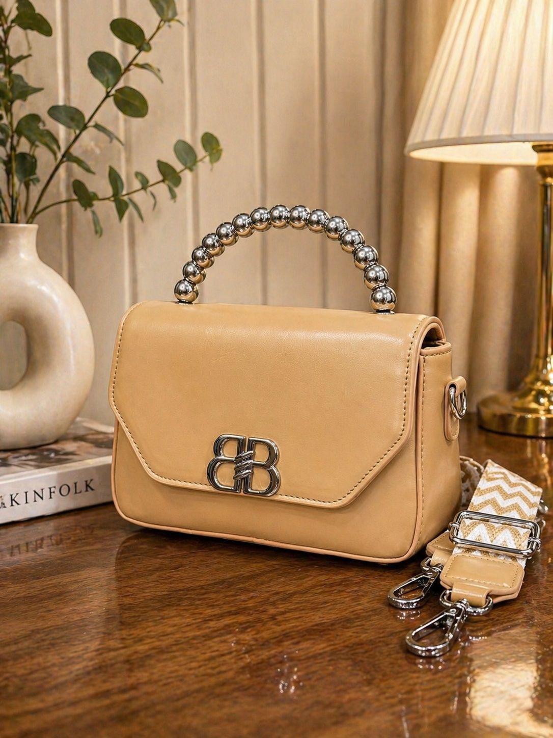 Women's Beige Beaded Handle Crossbody Sling Bag with Adjustable Strap