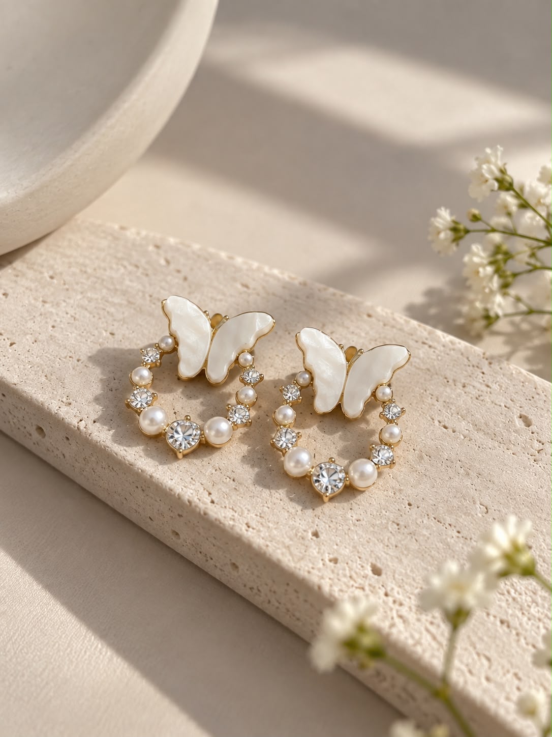 Pearl Butterfly Crystal Stud Earrings