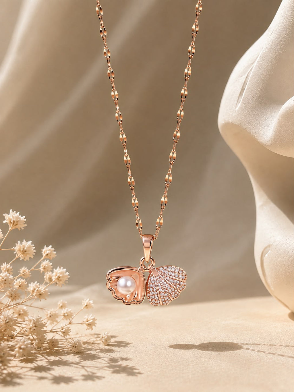 Rose Gold Shell & Pearl CZ Pendant Necklace