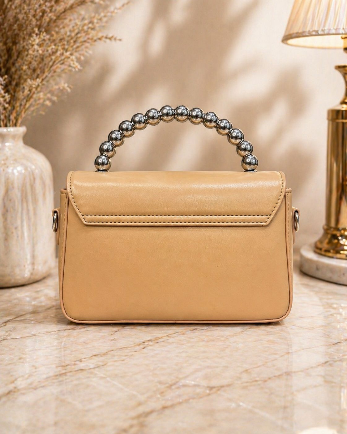 Women's Beige Beaded Handle Crossbody Sling Bag with Adjustable Strap
