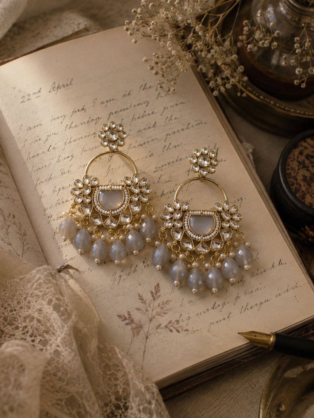 Grey Kundan Chandbali Earrings | Pearl & Stone Statement Earrings