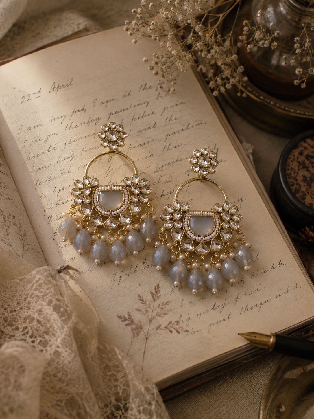 Grey Kundan Chandbali Earrings | Pearl & Stone Statement Earrings