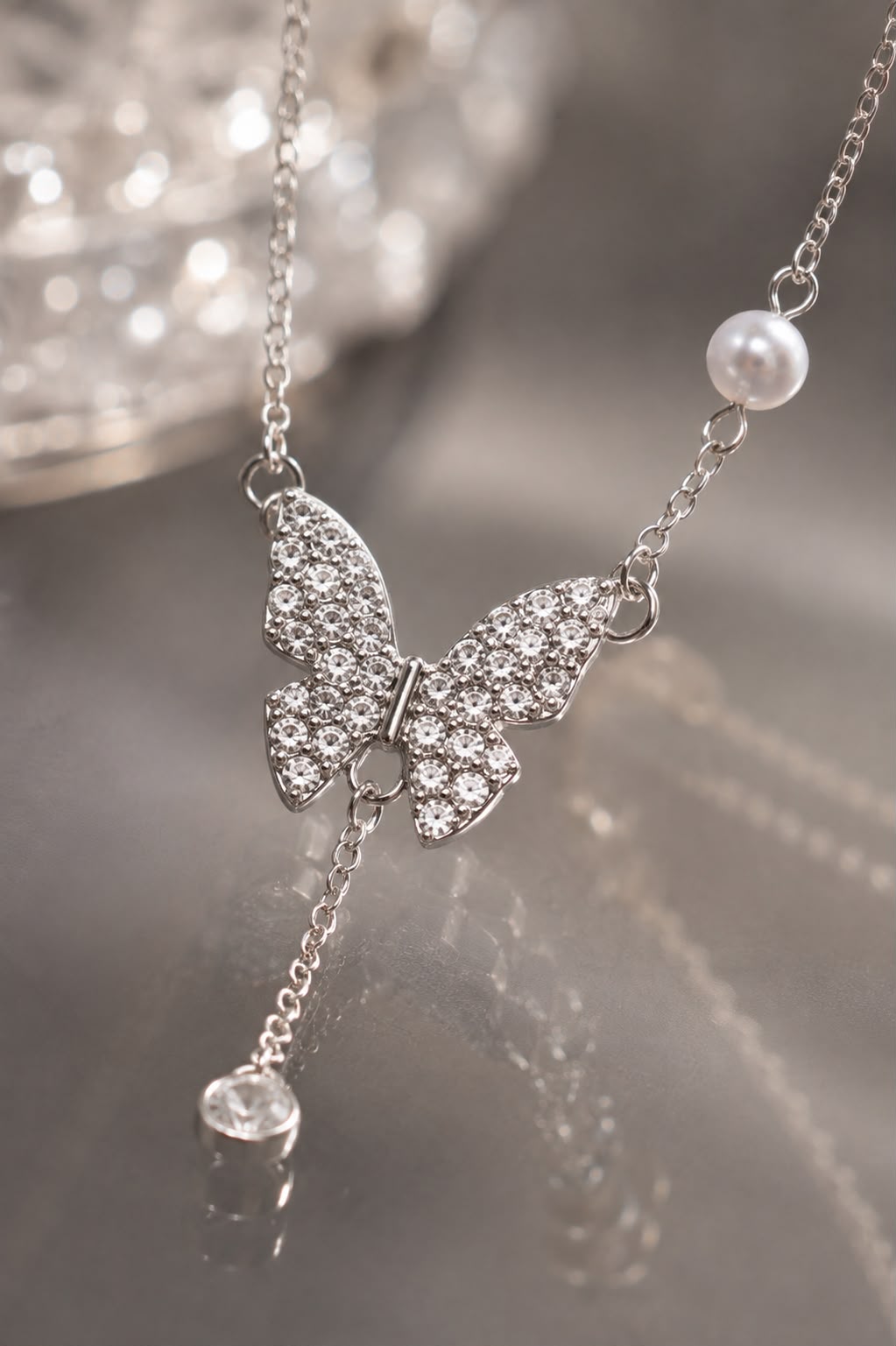 Silver Butterfly Crystal Y-Necklace