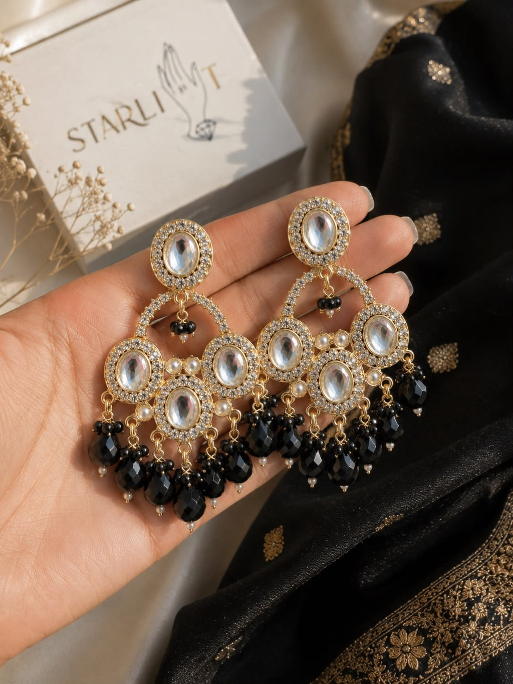 Black Onyx Chandbali Statement Earrings