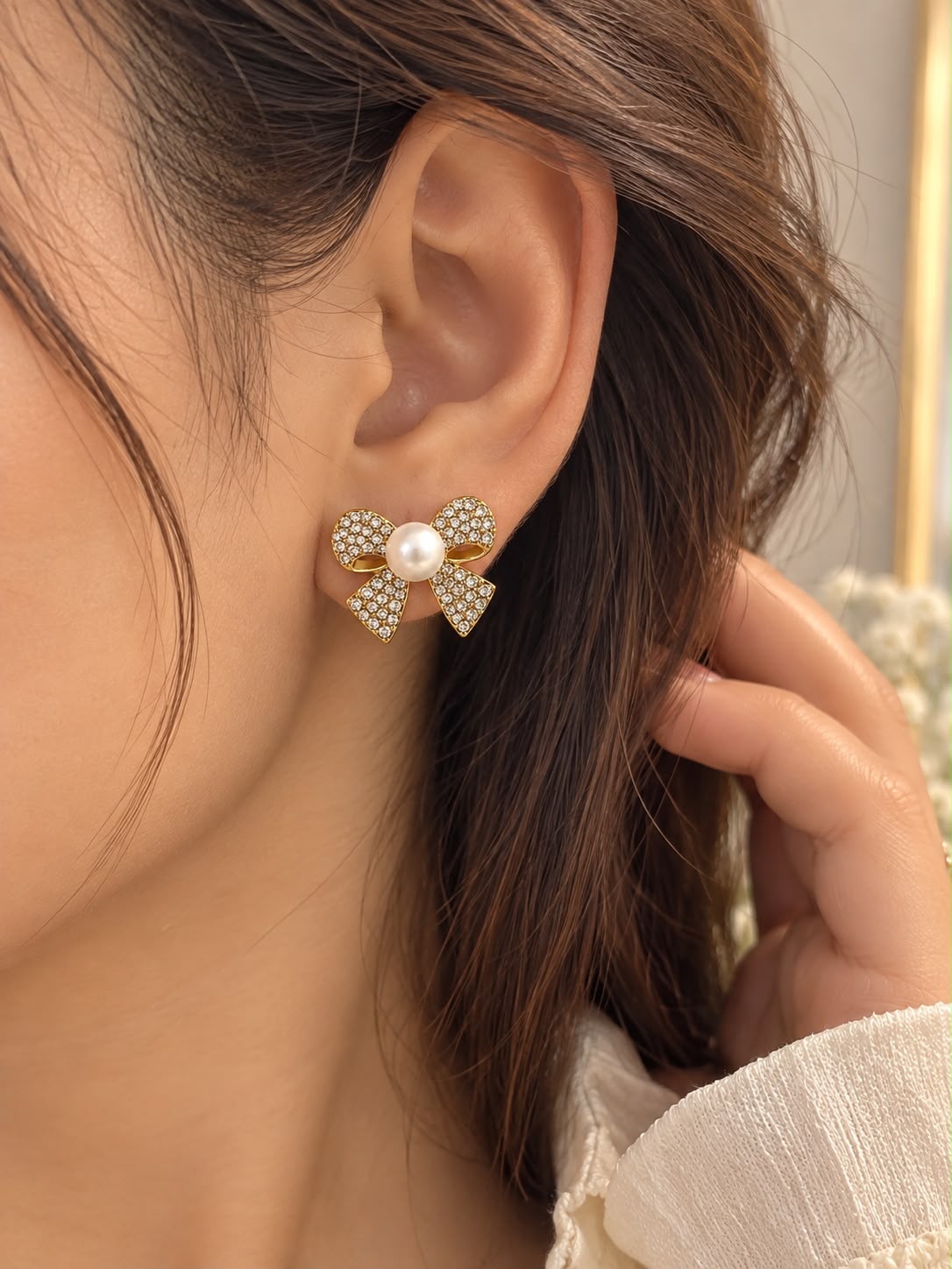 Crystal Pearl Bow Earrings | Gold-Tone Coquette Statement Studs