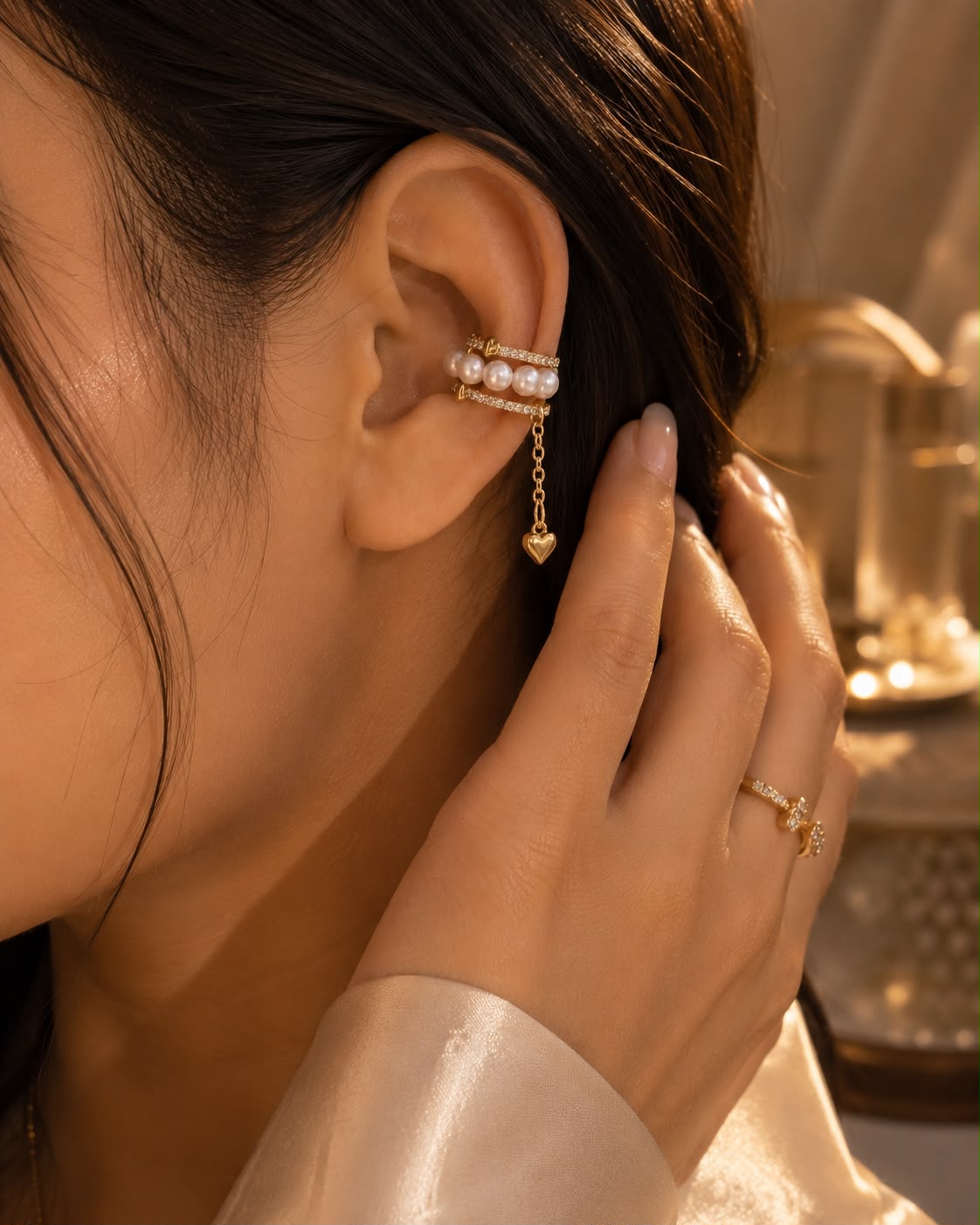 Pearl Heart Crystal Ear Cuff