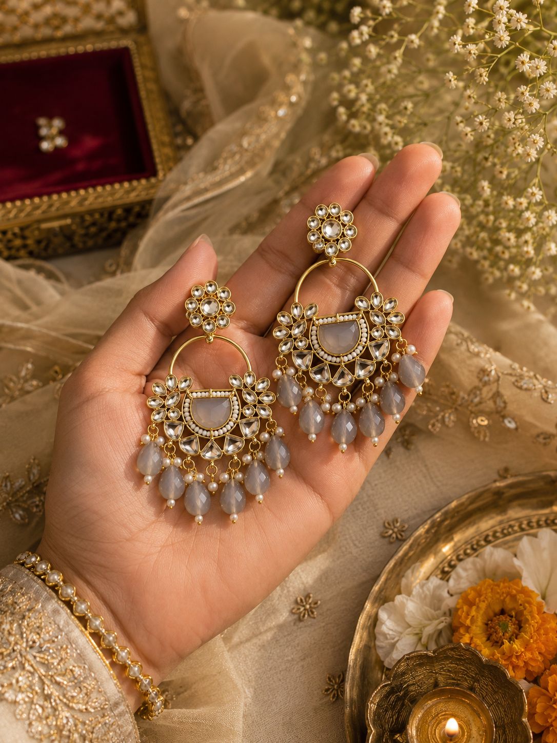 Grey Kundan Chandbali Earrings | Pearl & Stone Statement Earrings