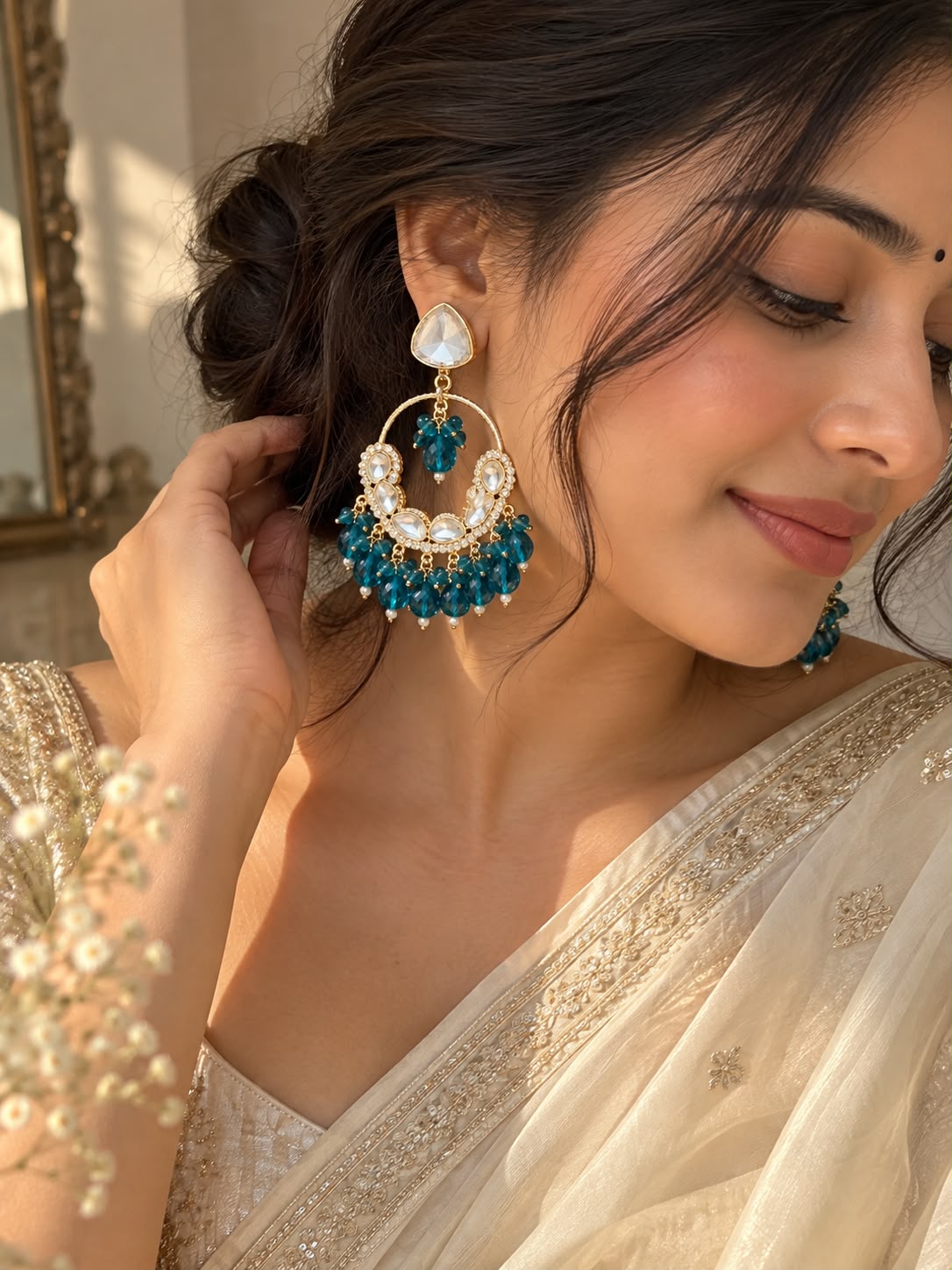Teal Kundan Crystal Statement Chandbali Earrings