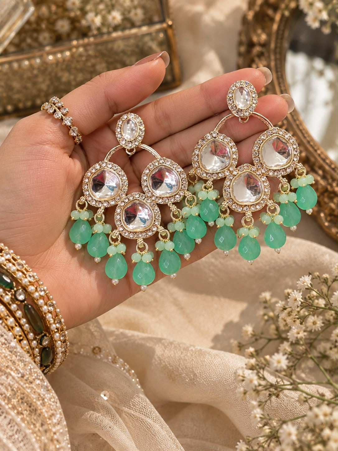 Mint Green Kundan Statement Chandbali Earrings