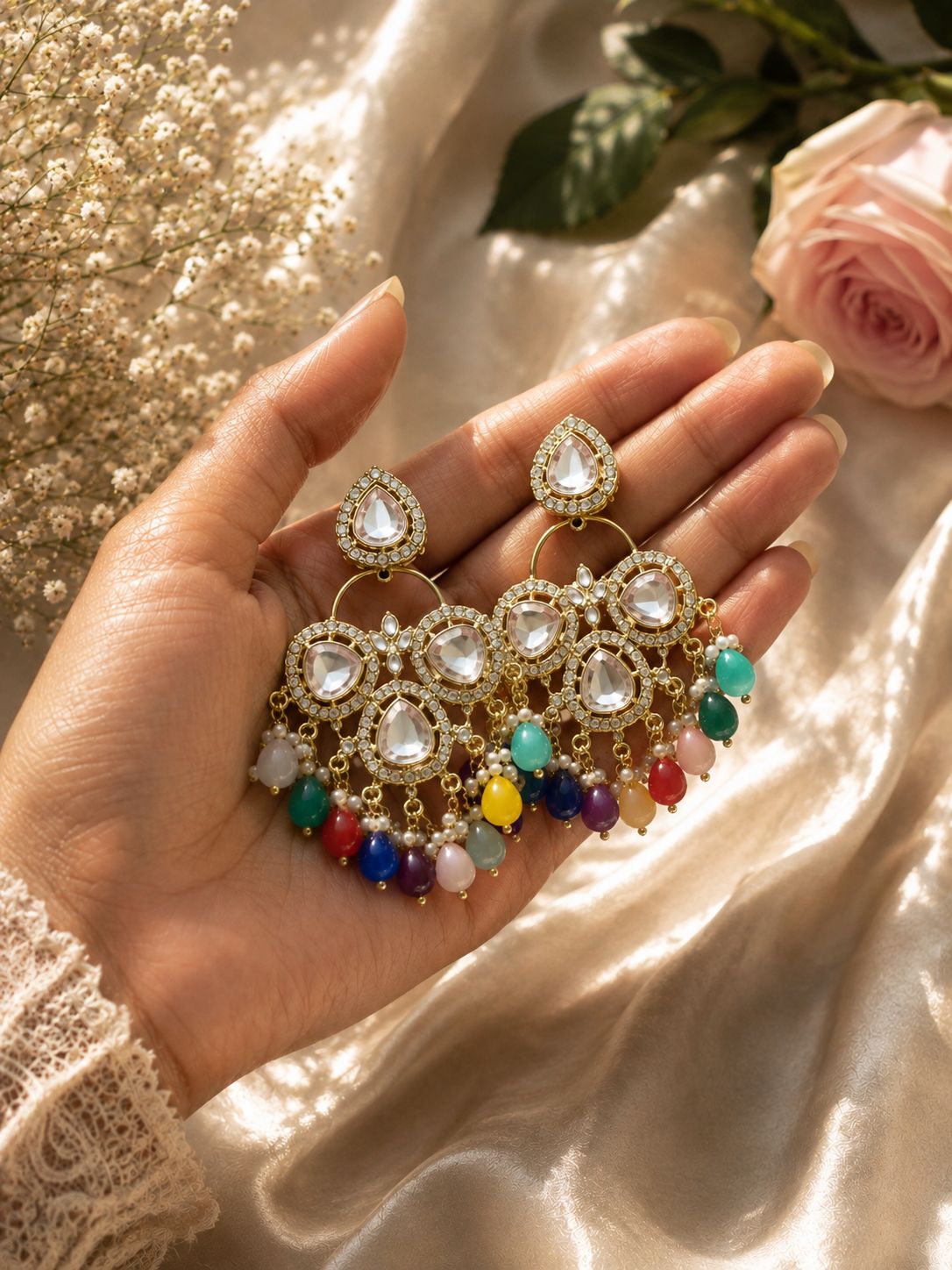 Rainbow Kundan Statement Chandelier Earrings