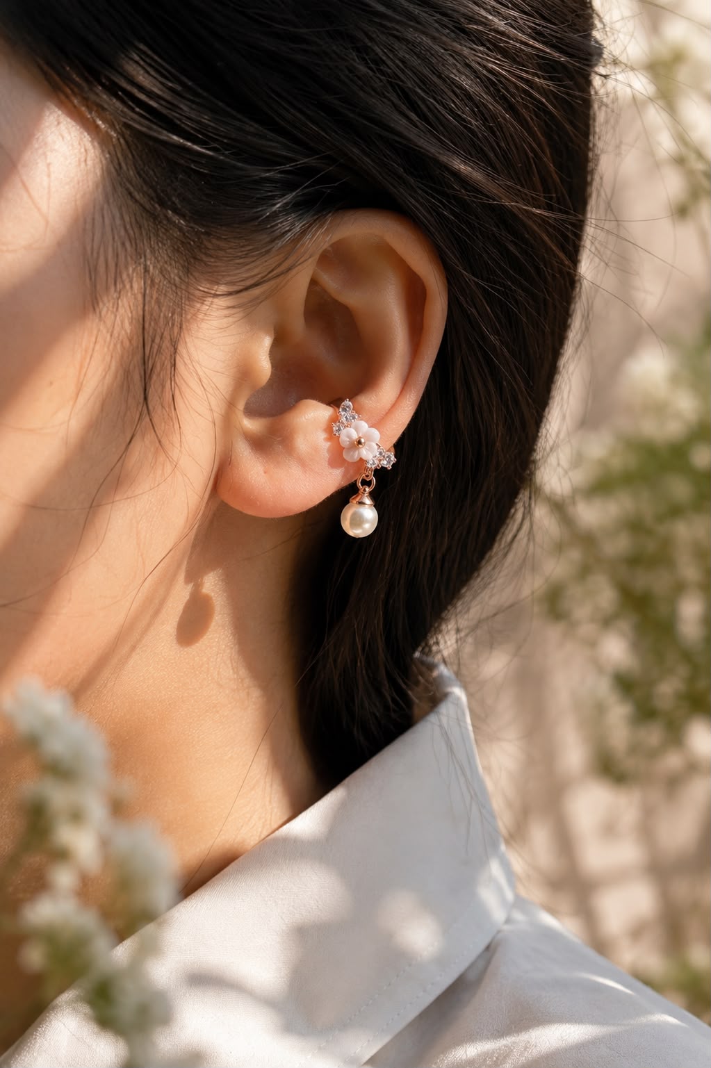Rose Gold Floral Pearl Ear Cuff