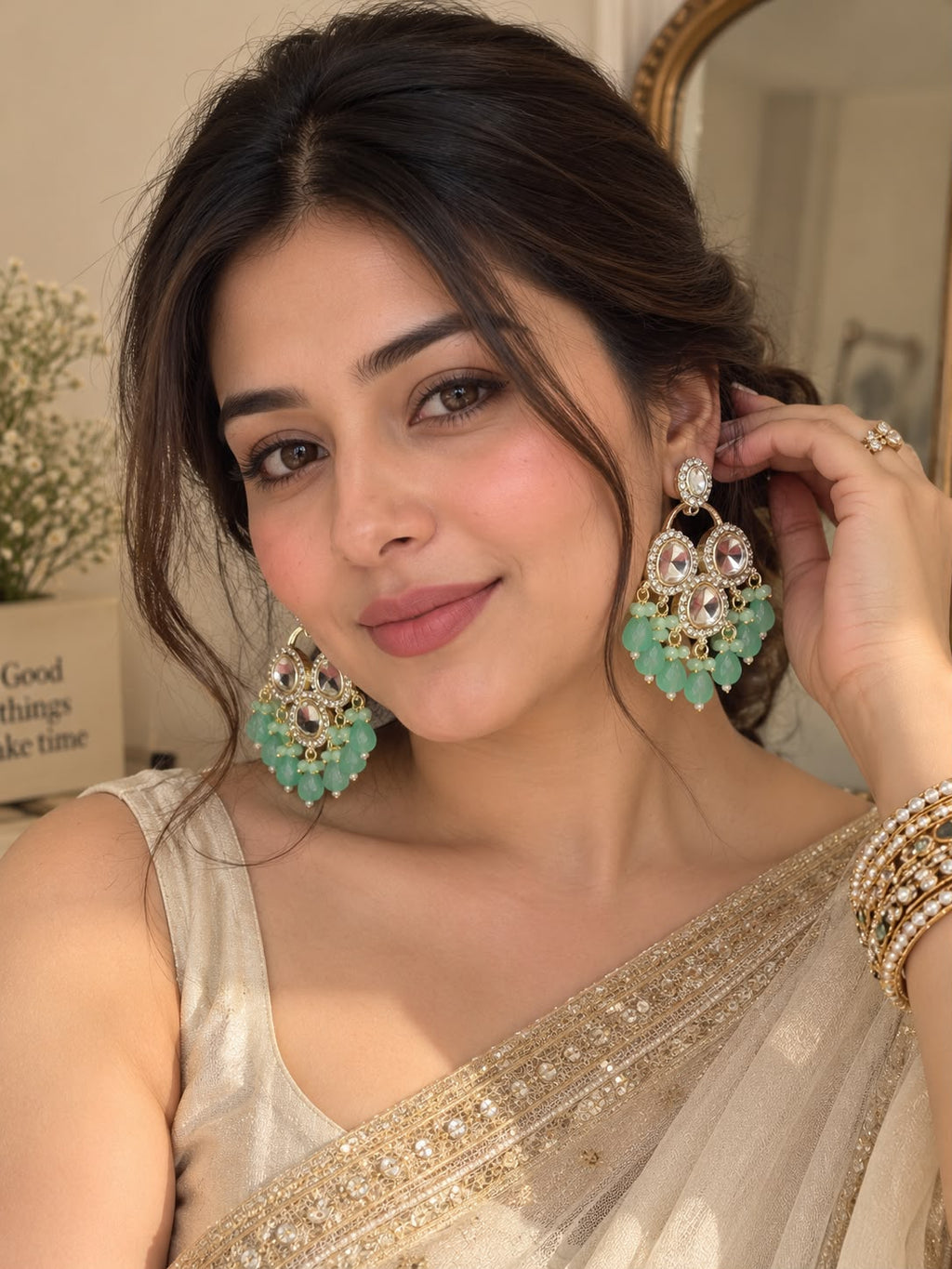 Mint Green Kundan Statement Chandbali Earrings
