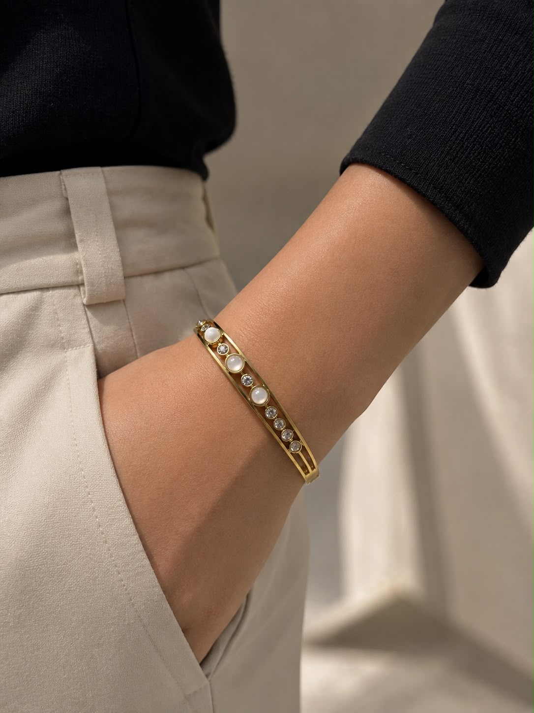Luna Pearl & Crystal Gold-Tone Open Cuff Bracelet