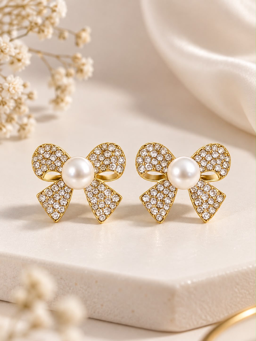 Crystal Pearl Bow Earrings | Gold-Tone Coquette Statement Studs