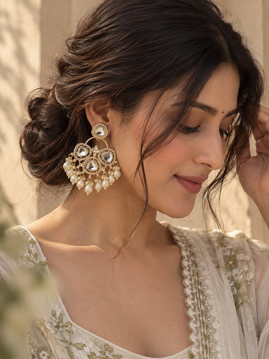 White Kundan Crystal Chandbali Earrings with Pearl Drops | Statement Festive Earrings