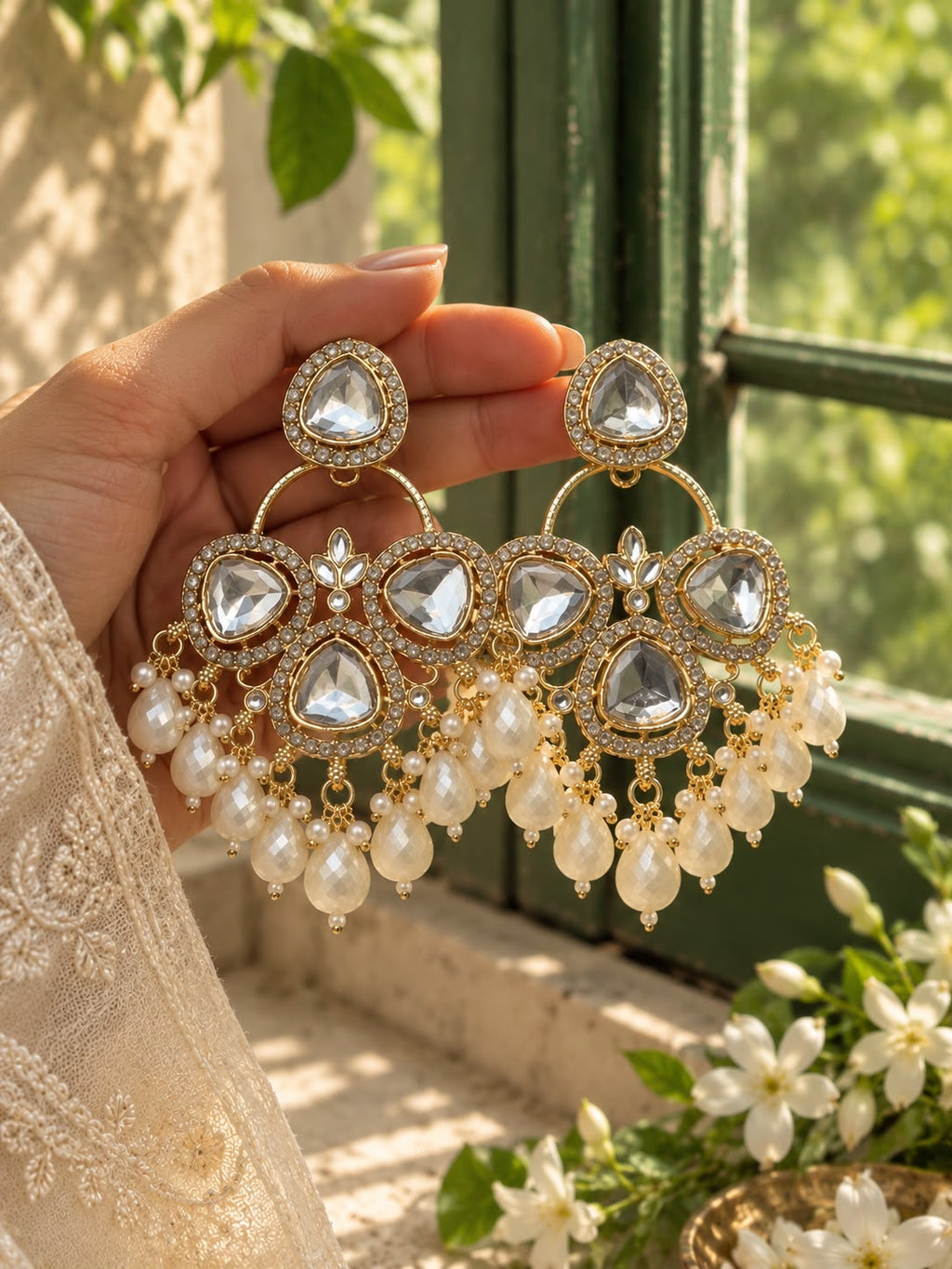 White Kundan Crystal Chandbali Earrings with Pearl Drops | Statement Festive Earrings
