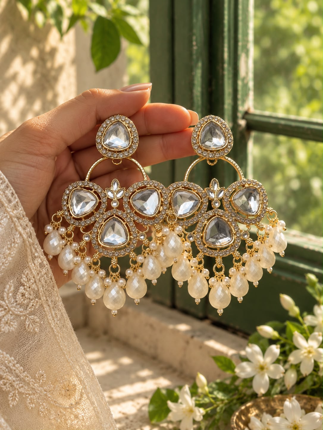 White Kundan Crystal Chandbali Earrings with Pearl Drops | Statement Festive Earrings