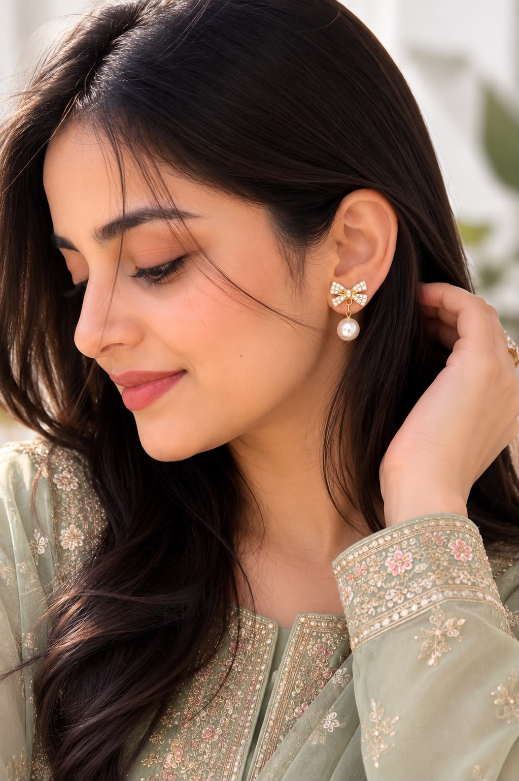 Pearl Bow Crystal Drop Earrings