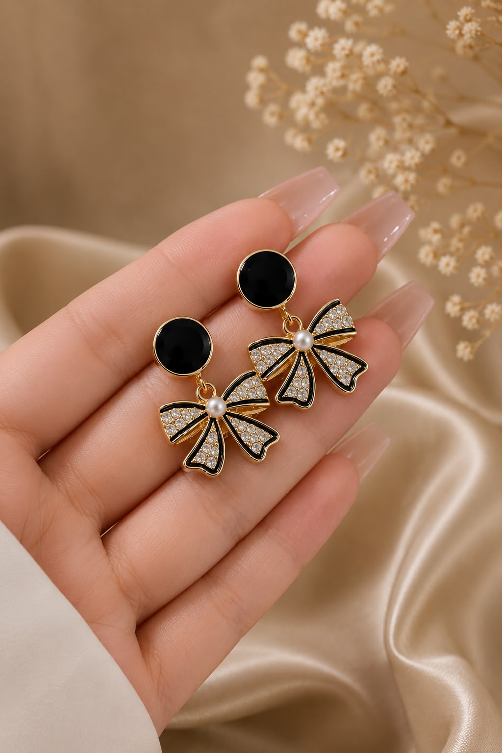 Luna Noir Bow Pearl Drop Earrings