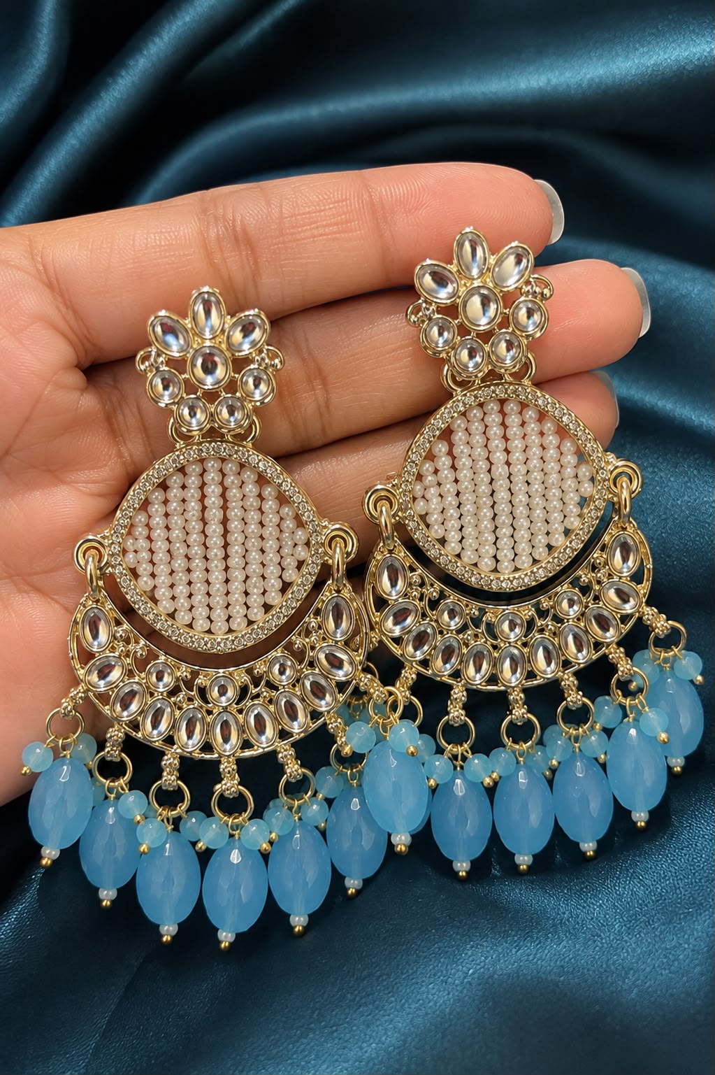 Kundan Blue Pearl Chandbali Earrings