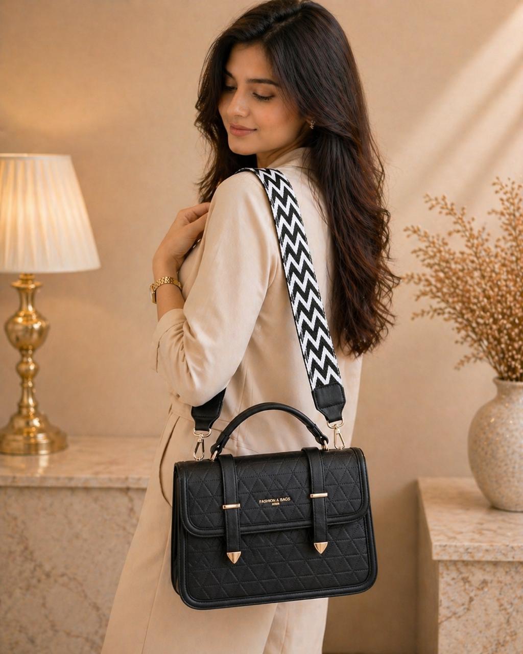 Elegant Black Textured Top Handle Satchel Bag with Printed Twilly Scarf