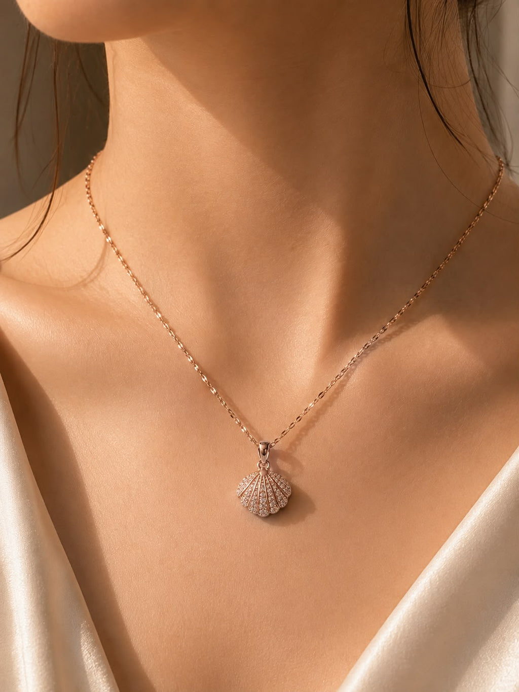 Rose Gold Shell & Pearl CZ Pendant Necklace