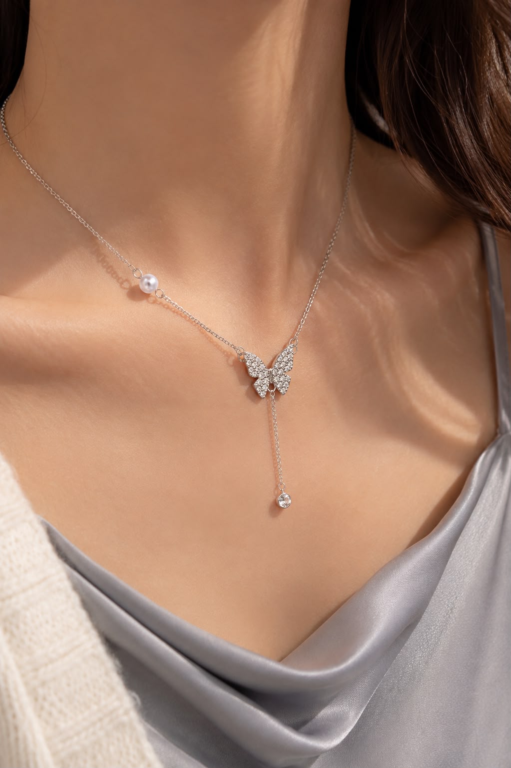 Silver Butterfly Crystal Y-Necklace