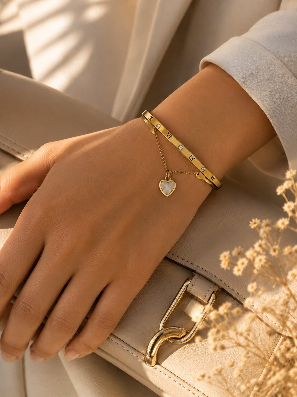 Roman Numeral Heart Charm Gold Cuff Bracelet