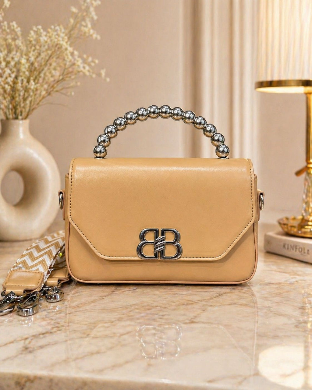 Women's Beige Beaded Handle Crossbody Sling Bag with Adjustable Strap
